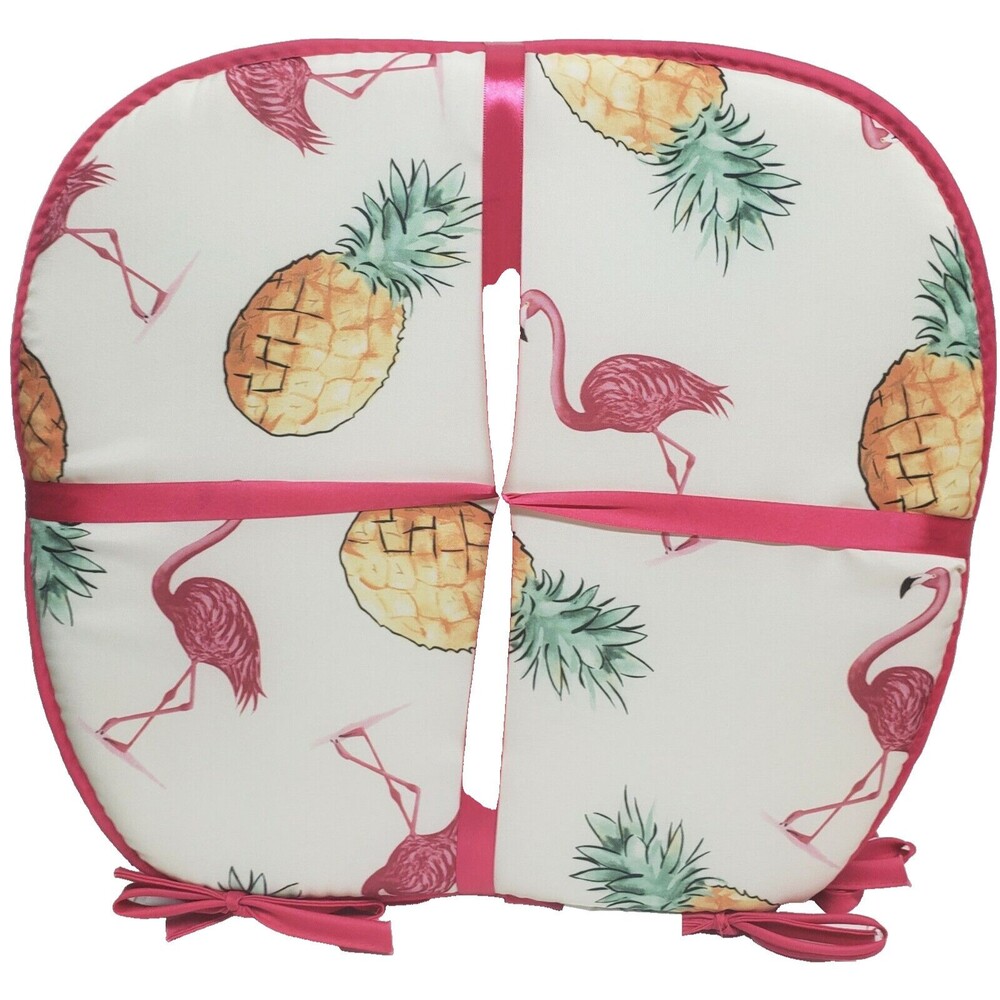 Set of 4 CHAIR PADS CUSHIONS w/ pink strings, FLAMINGOS & PINEAPPLES,15"x15", BH